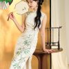 Botanical-Dyed Ivory Silk Satin | Modern one-Pieces Qipao Dress (青韵) - Thumbnail Image 2