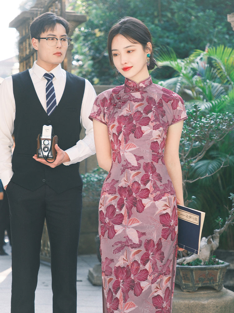 Rose Pink Chiffon Print | Modern one-Pieces Qipao Dress (花间游) - Image 7