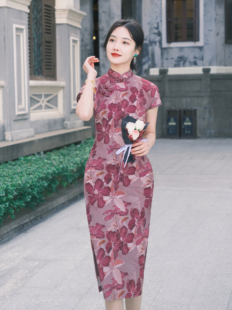Rose Pink Chiffon Print | Modern one-Pieces Qipao Dress (花间游) - Image 8