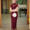 Burgundy Lace Embroidery | Modern one-Pieces Qipao Dress(绯颜) - Thumbnail Image 2