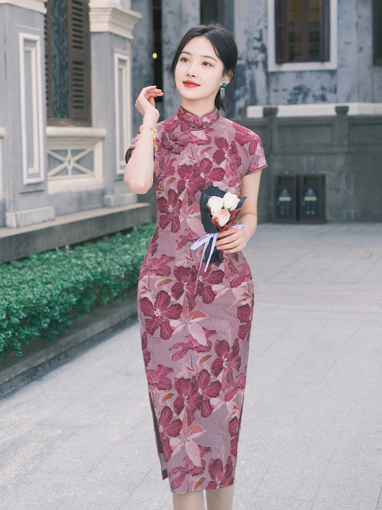 Rose Pink Chiffon Print | Modern one-Pieces Qipao Dress (花间游) - Image 9