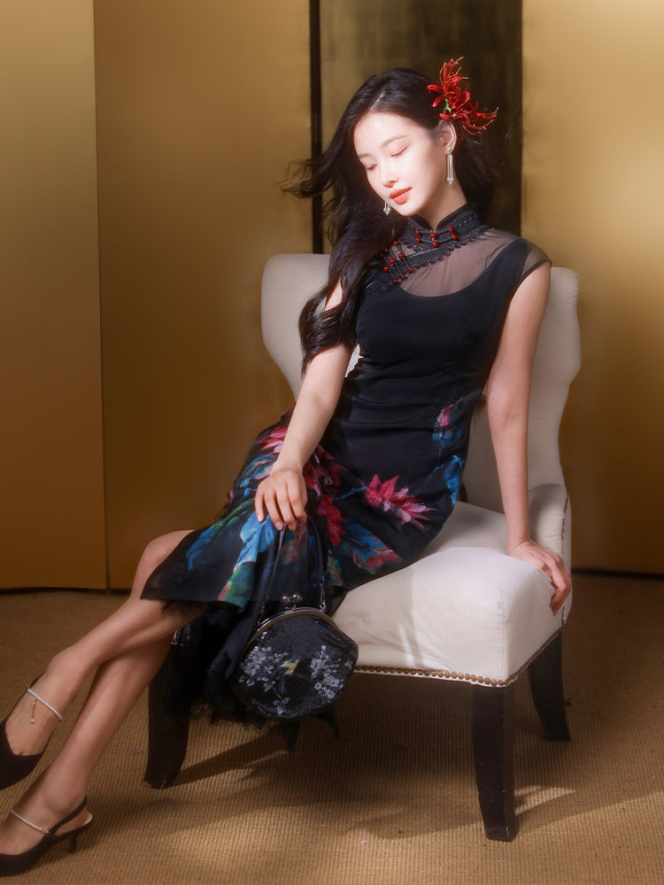 Black Ground with Floral Motifs | Modern one-Pieces Qipao Dress(晚俪) - Image 2