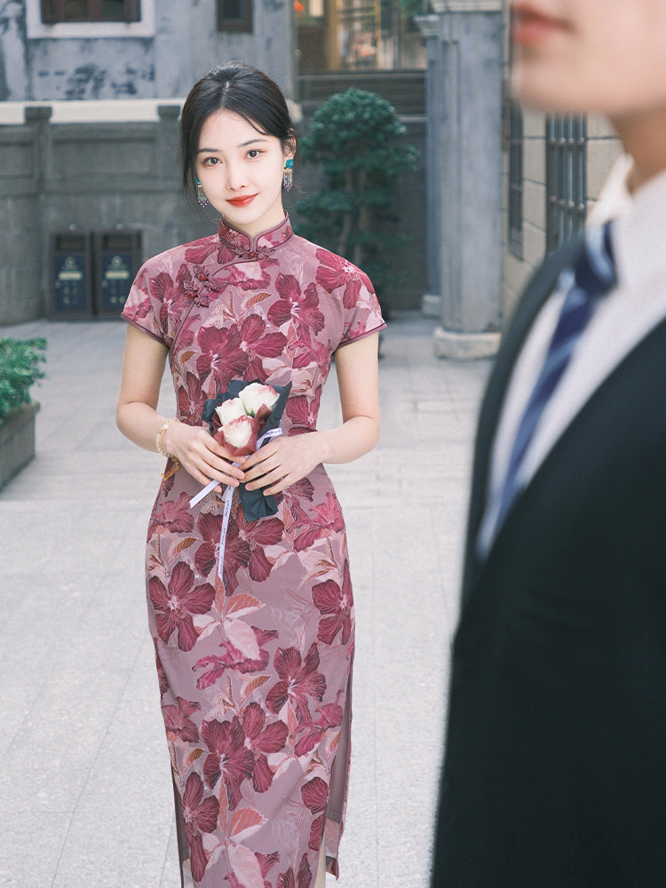 Rose Pink Chiffon Print | Modern one-Pieces Qipao Dress (花间游) - Image 10