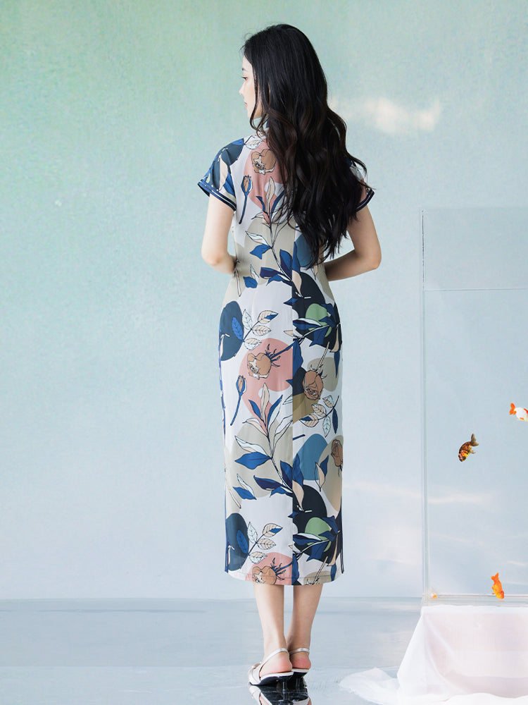 Floral Linen-Textured Chiffon | Modern one-Pieces Qipao Dress (梦虞) - Image 9