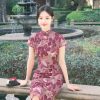 Rose Pink Chiffon Print | Modern one-Pieces Qipao Dress (花间游) - Thumbnail Image 11