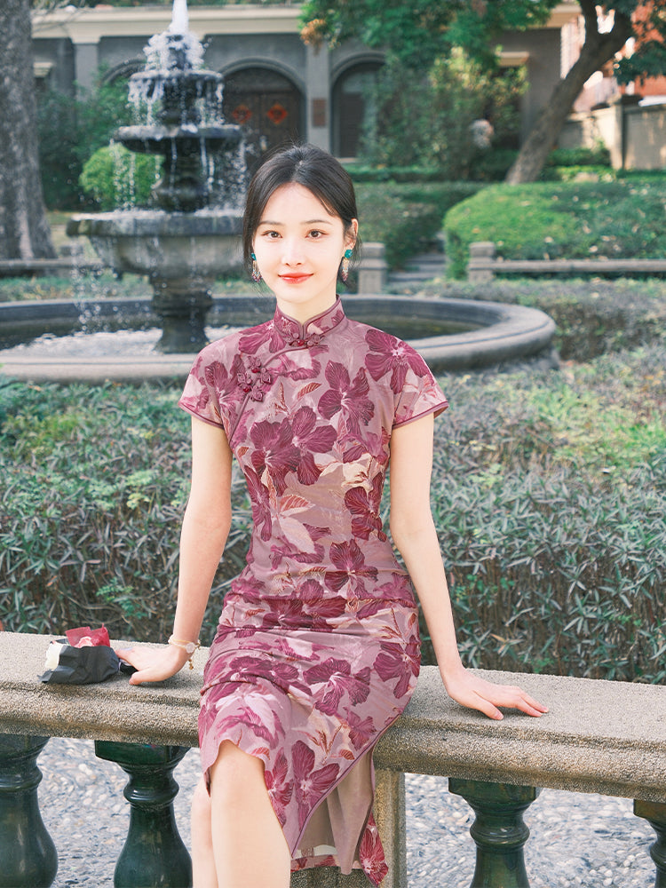 Rose Pink Chiffon Print | Modern one-Pieces Qipao Dress (花间游) - Image 11