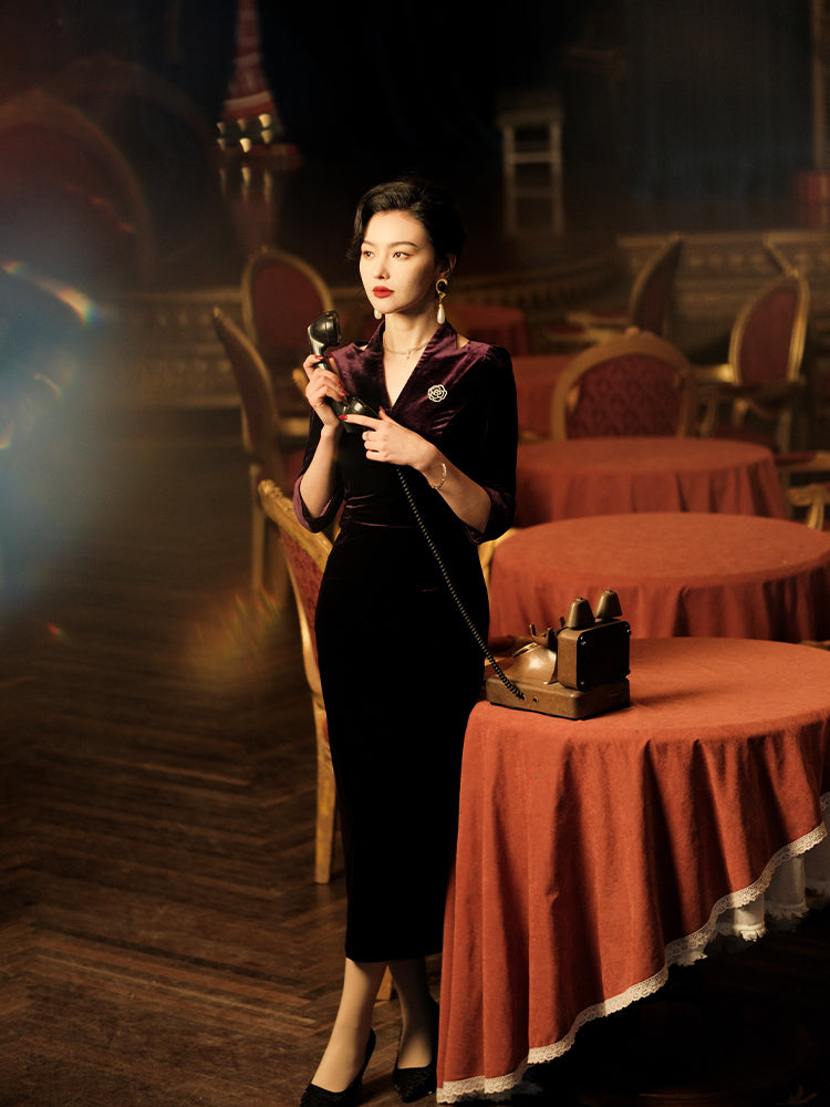 Deep Purple Velvet | Modernized Qipao Evening Dress(马莲) - Image 2