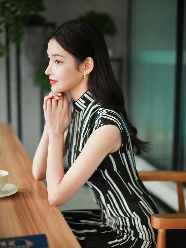 black and white stripes|Modern one-Pieces Qipao Dress(香嵩) - Image 2