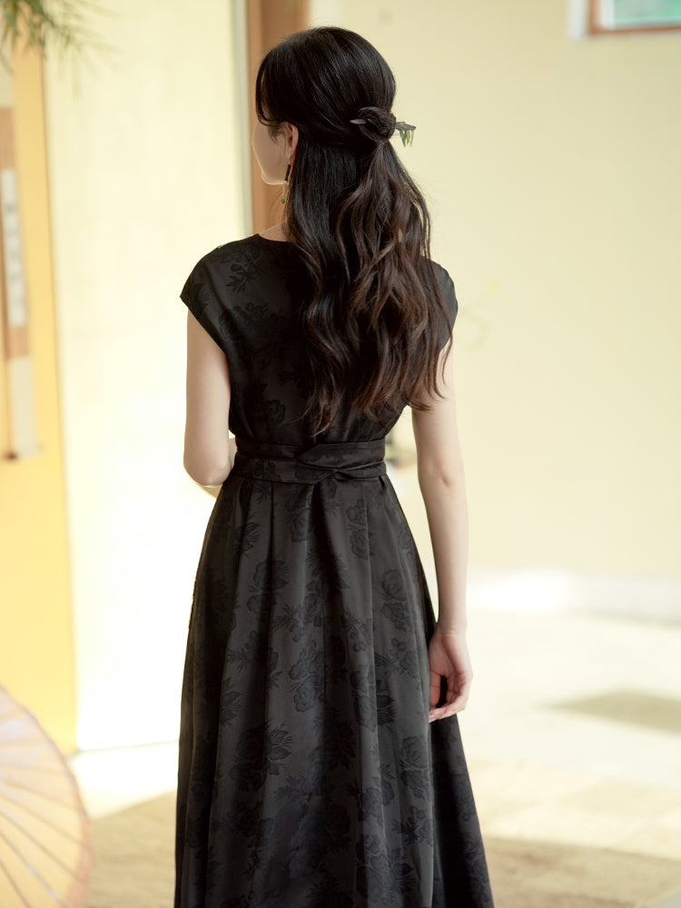 Ink and Black Embroidered Jacquard | Waist-Cinched Neo-Chinese Dresses (竹灵) - Image 9