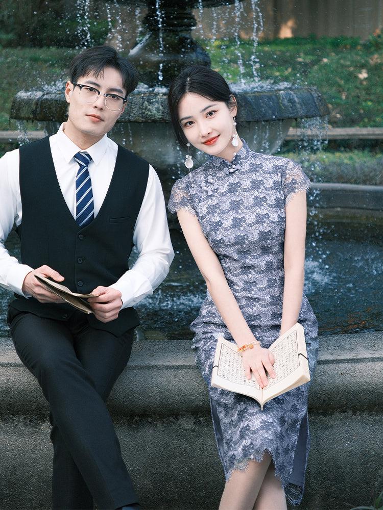 Dusty Blue Elastic Lace | Modern one-Pieces Qipao Dress(兰若) - Image 2