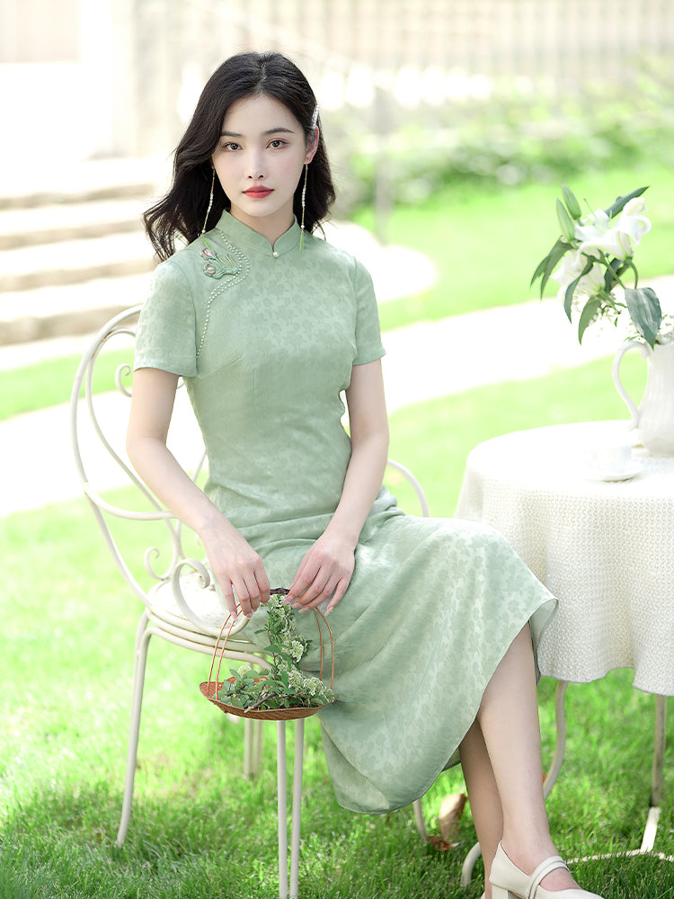 Pea - Green|Modern one-Pieces Qipao dress(陇月) - Image 4