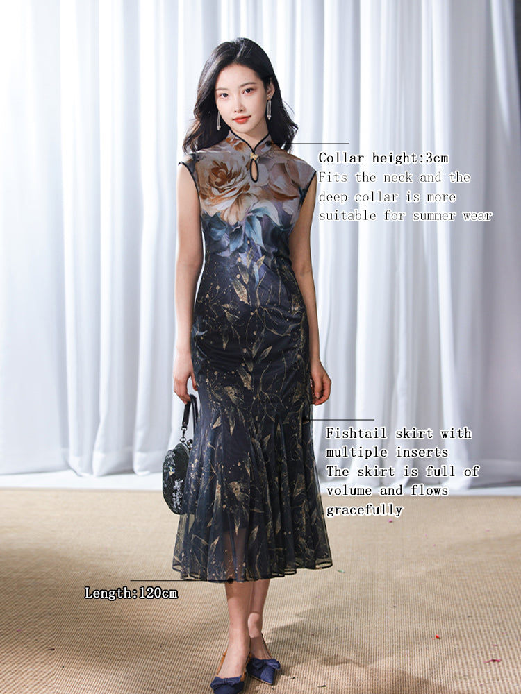 Rose print pattern|Gold-thread embroidered mermaid skirt(亦玫) - Image 2