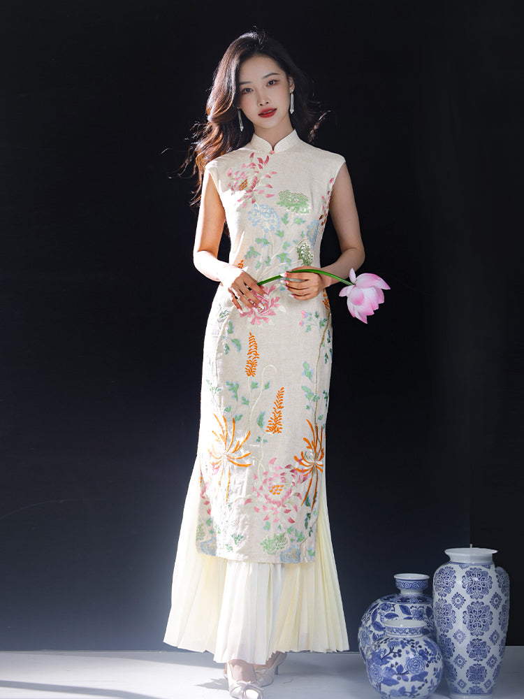 Colorful Lotus Flower Cotton and Linen Embroidery|Modern one-Pieces Qipao Dress(菡裳) - Image 5