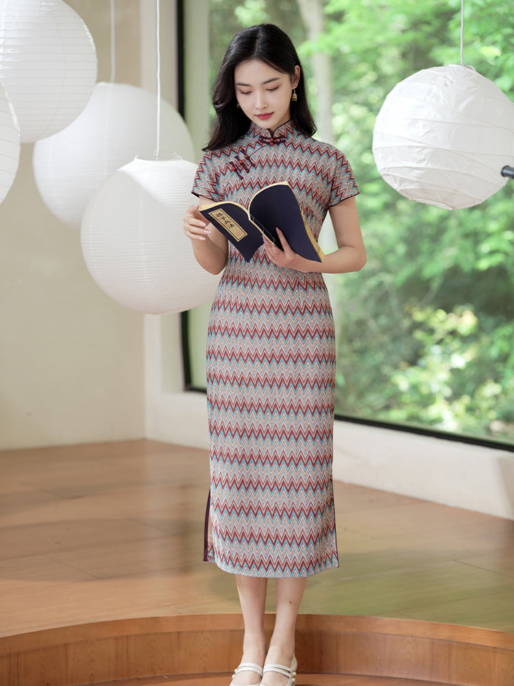 A beige base color with zigzag stripes in red. blue and brown|Modern one-Pieces Qipao Dress(倾黛) - Image 3