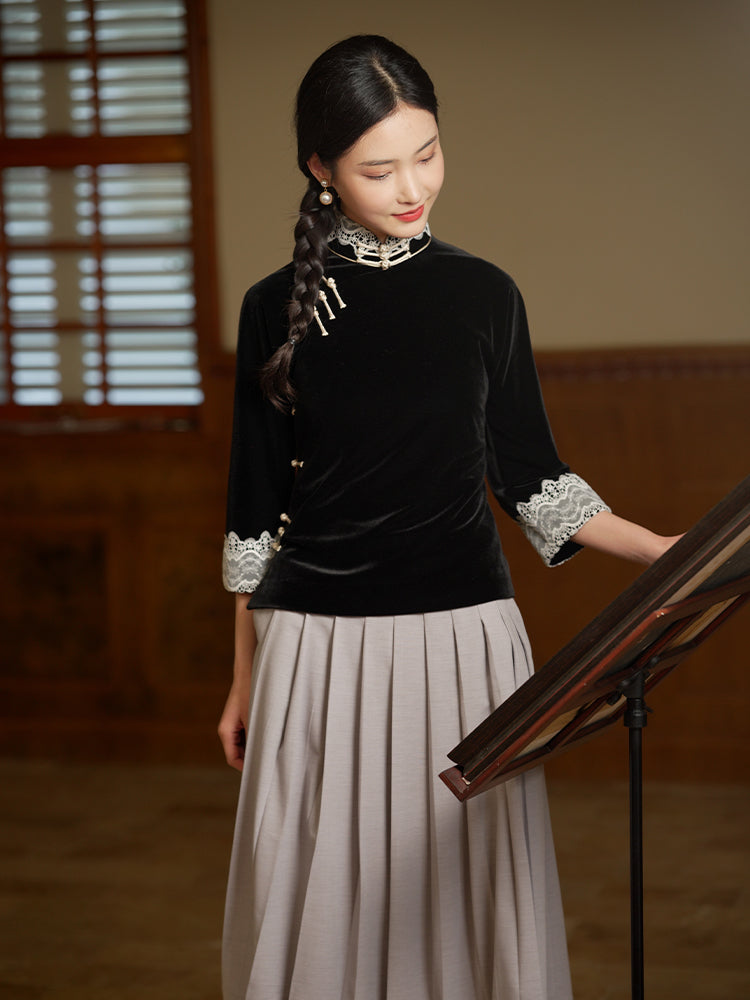 Vintage-Inspired Republic Era Schoolgirl Dress  | Velvet Cheongsam Top(徽茵) - Image 3