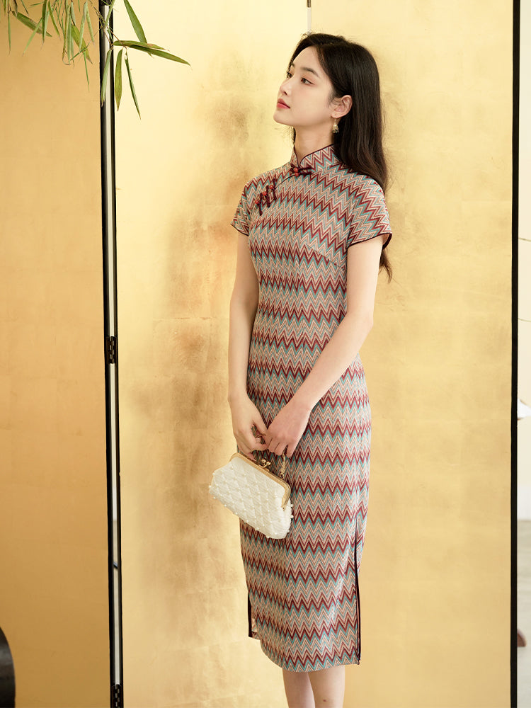A beige base color with zigzag stripes in red. blue and brown|Modern one-Pieces Qipao Dress(倾黛) - Image 4