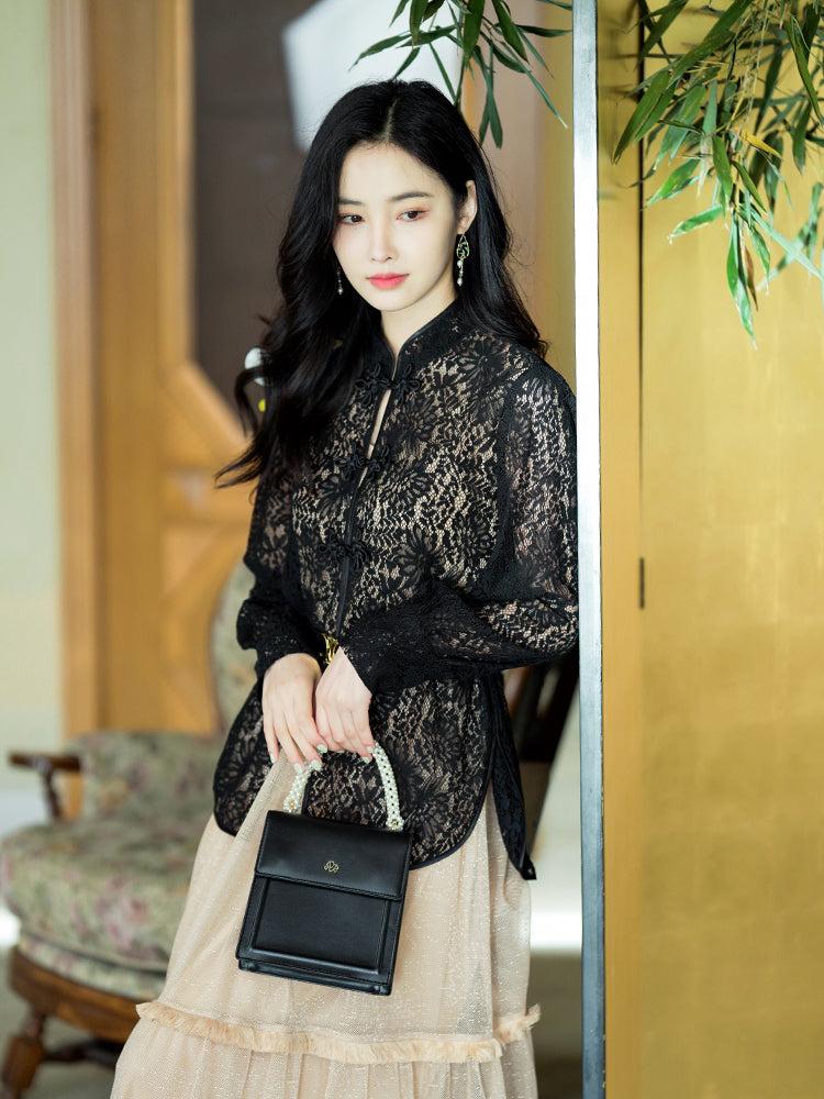 Black Ink-Inspired Lace | Mandarin Collar Blouse(青城) - Image 4