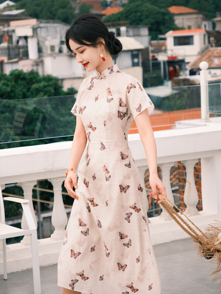 Warm Apricot Round-Collar A-Line | Qipao Dress(蝶戏) - Image 4