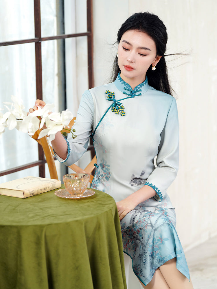 Sky-Blue Printed Chiffon | Modern one-Pieces Qipao Dress(梦烟雨) - Image 4