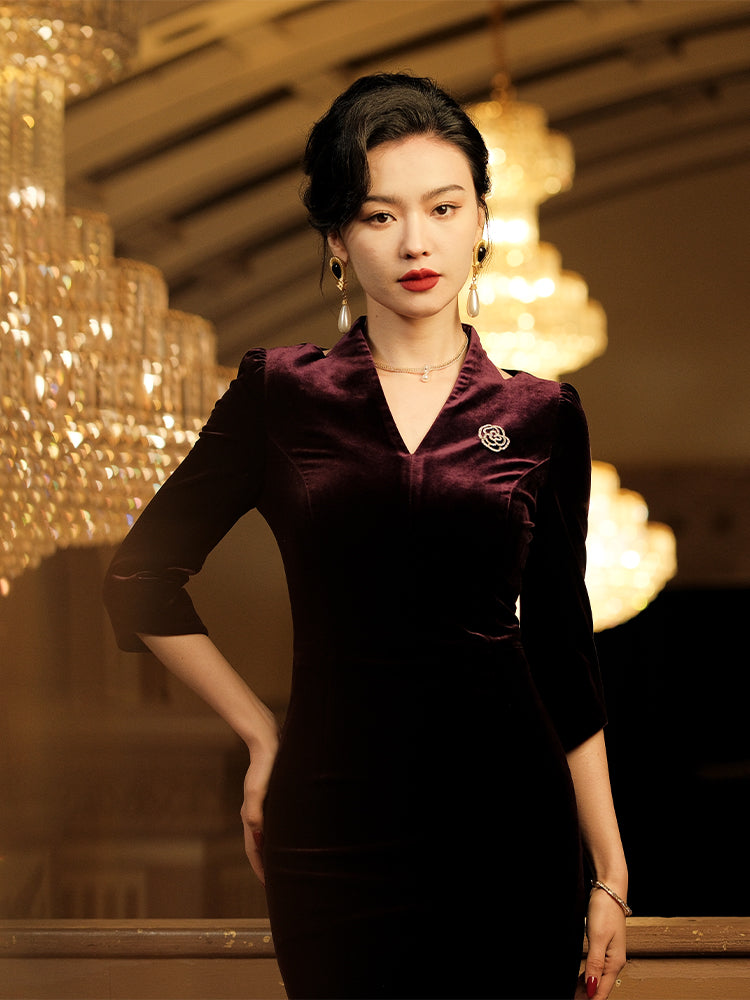 Deep Purple Velvet | Modernized Qipao Evening Dress(马莲) - Image 4