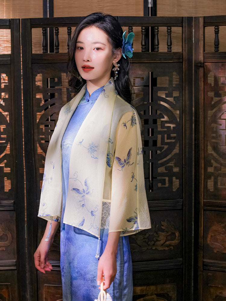 Light beige with pale blue floral prints cardigan(蔓蝶) - Image 4