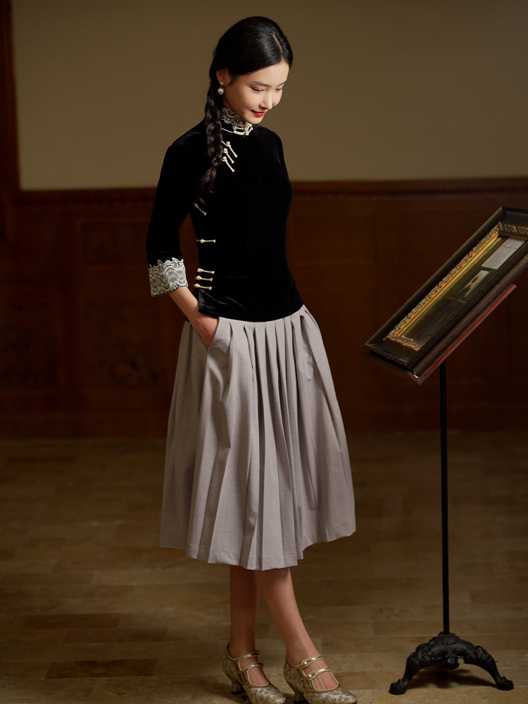 Vintage-Inspired Republic Era Schoolgirl Dress  | Velvet Cheongsam Top(徽茵) - Image 4