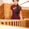 Burgundy Lace Embroidery | Modern one-Pieces Qipao Dress(绯颜) - Thumbnail Image 4