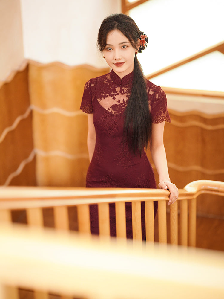Burgundy Lace Embroidery | Modern one-Pieces Qipao Dress(绯颜) - Image 4