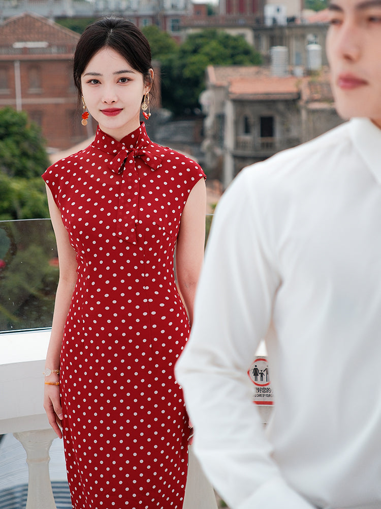 dark red polka dot|Modern one-Pieces Qipao Dress(舒萌) - Image 6