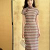 A beige base color with zigzag stripes in red. blue and brown|Modern one-Pieces Qipao Dress(倾黛) - Thumbnail Image 5