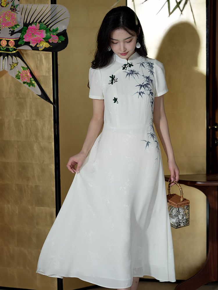 Ivory White Hand-Painted Bamboo | Neo-Chinese Dress(君竹) - Image 5