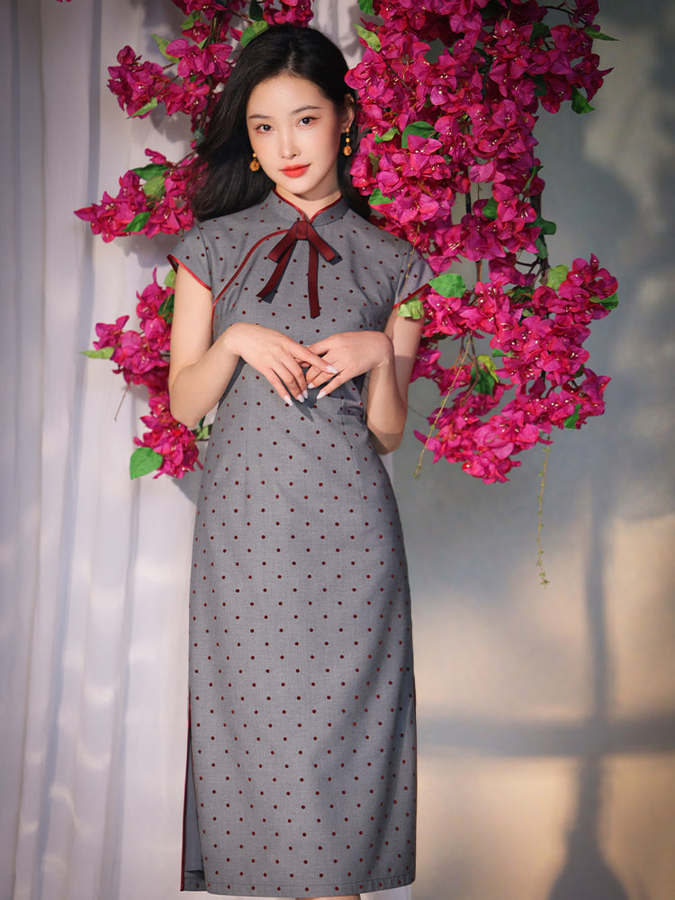 Dusk Grey with Red Polka Dots | Modern one-Pieces Qipao Dress(佳音) - Image 7