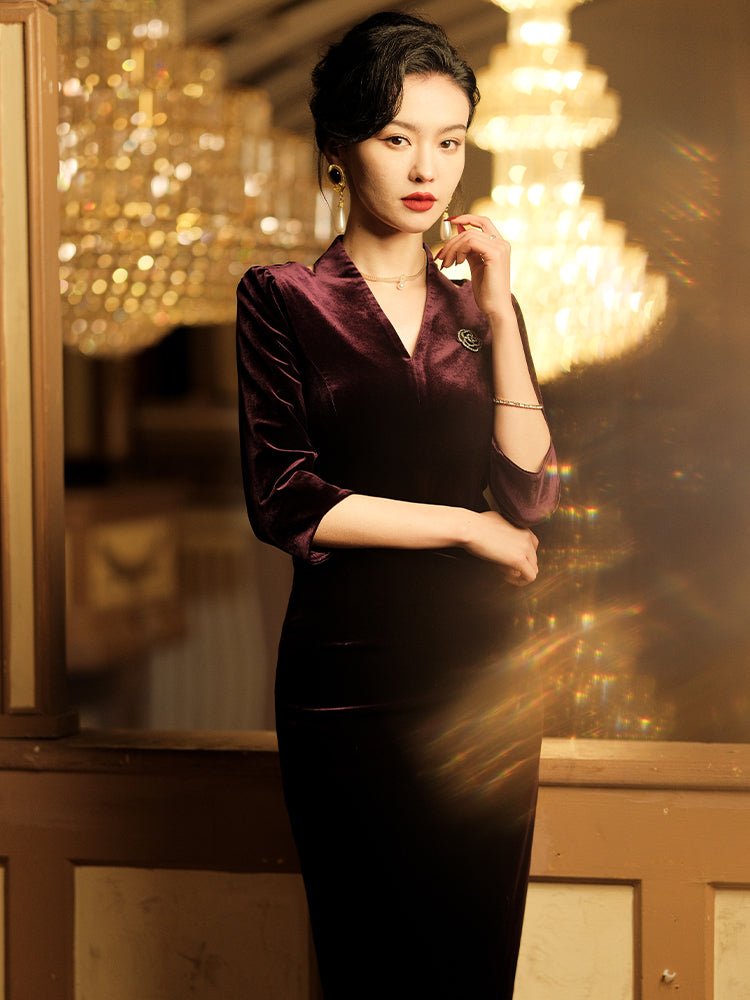 Deep Purple Velvet | Modernized Qipao Evening Dress(马莲) - Image 6