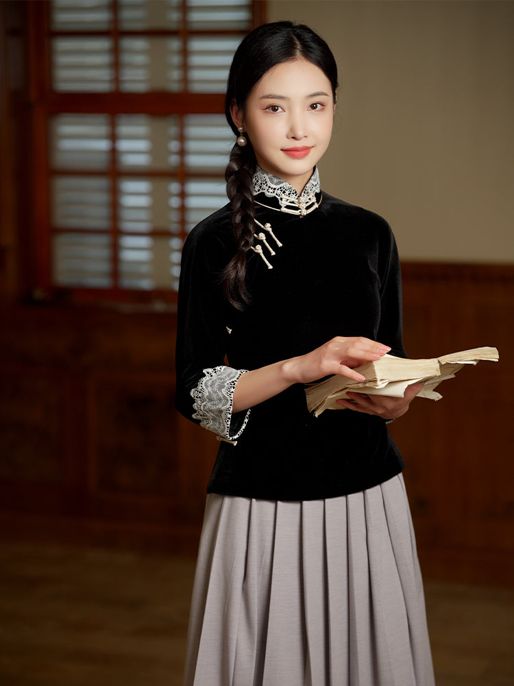 Vintage-Inspired Republic Era Schoolgirl Dress  | Velvet Cheongsam Top(徽茵) - Image 6