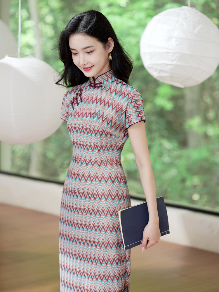 A beige base color with zigzag stripes in red. blue and brown|Modern one-Pieces Qipao Dress(倾黛) - Image 6