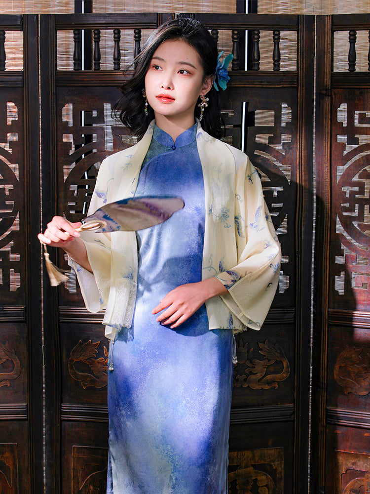Light beige with pale blue floral prints cardigan(蔓蝶) - Image 7