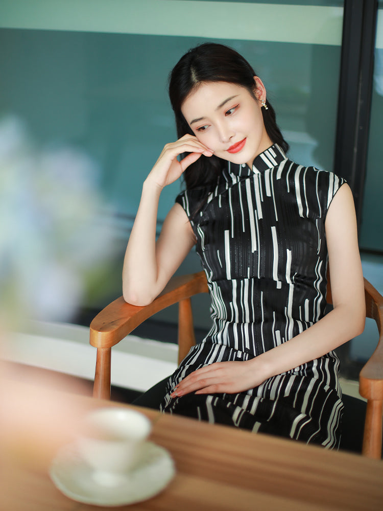 black and white stripes|Modern one-Pieces Qipao Dress(香嵩) - Image 7