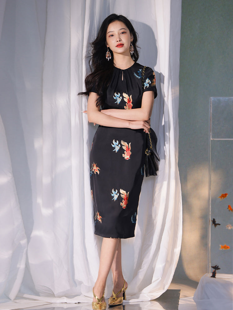 Black satin|Embroidered two-tone goldfish|Modern one-Pieces Qipao Dress(锦秀) - Image 6