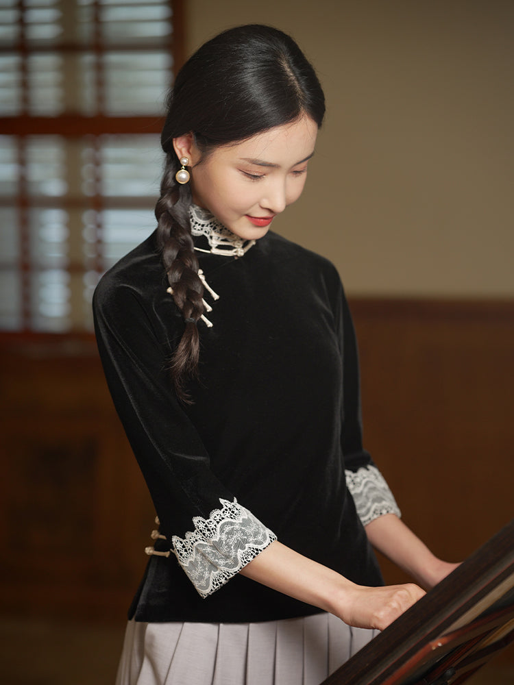 Vintage-Inspired Republic Era Schoolgirl Dress  | Velvet Cheongsam Top(徽茵) - Image 7