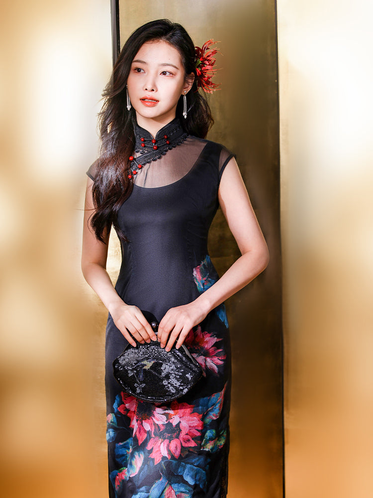 Black Ground with Floral Motifs | Modern one-Pieces Qipao Dress(晚俪) - Image 7