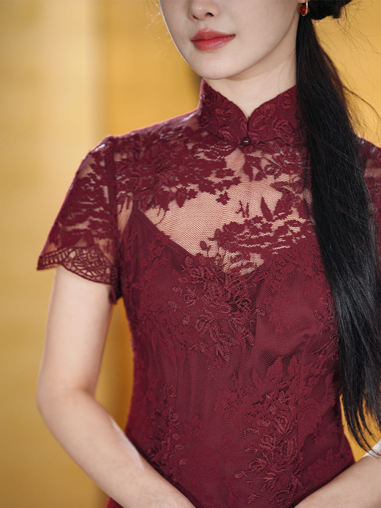 Burgundy Lace Embroidery | Modern one-Pieces Qipao Dress(绯颜) - Image 7