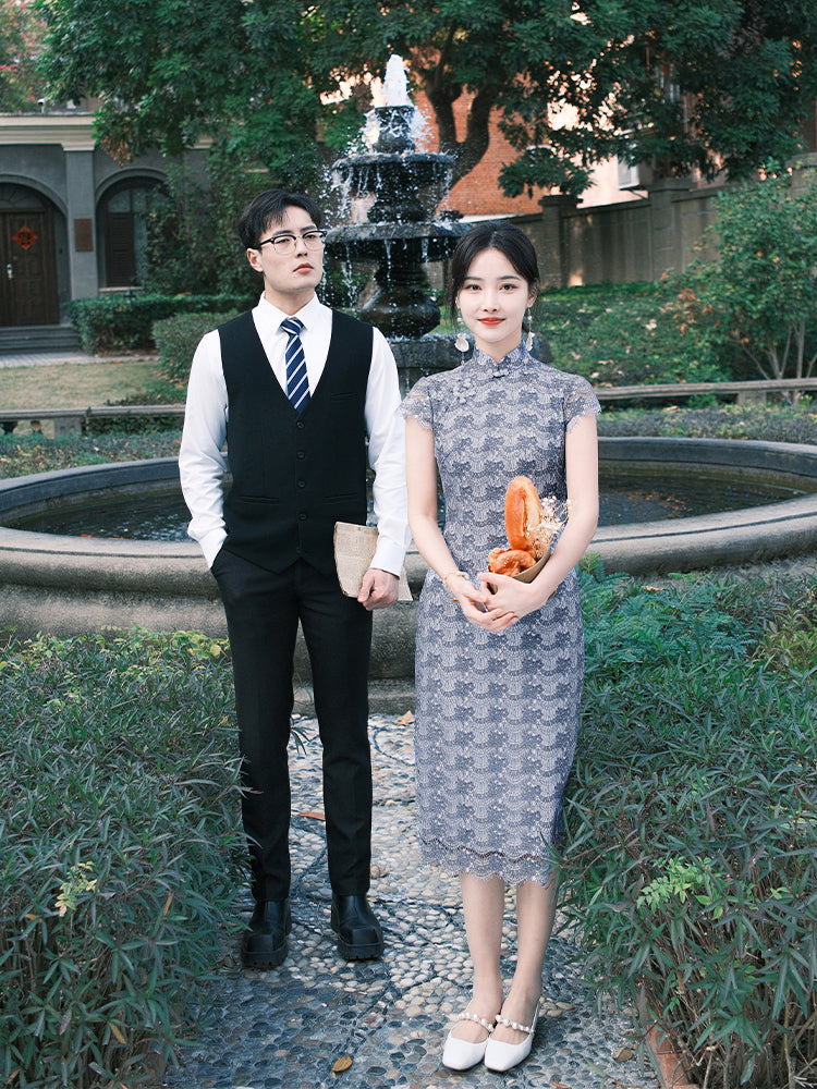 Dusty Blue Elastic Lace | Modern one-Pieces Qipao Dress(兰若) - Image 7