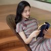 A beige base color with zigzag stripes in red. blue and brown|Modern one-Pieces Qipao Dress(倾黛) - Thumbnail Image 7