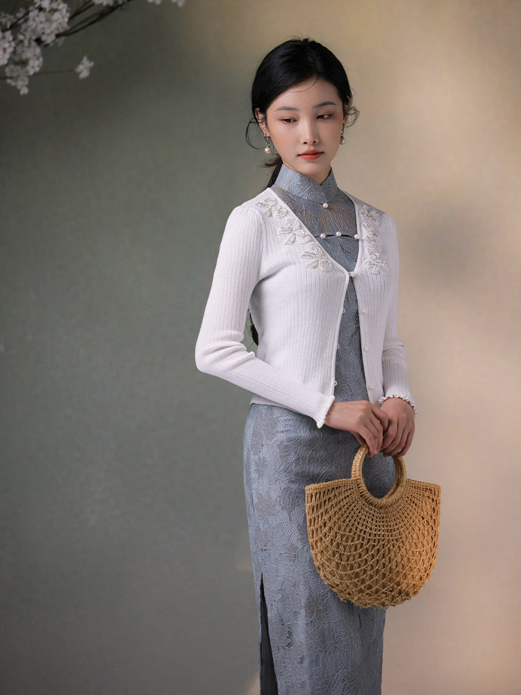 Goose Yellow   | Embroidered Knit Qipao Cardigan(诺洳) - Image 7