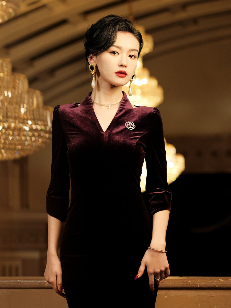 Deep Purple Velvet | Modernized Qipao Evening Dress(马莲) - Image 8