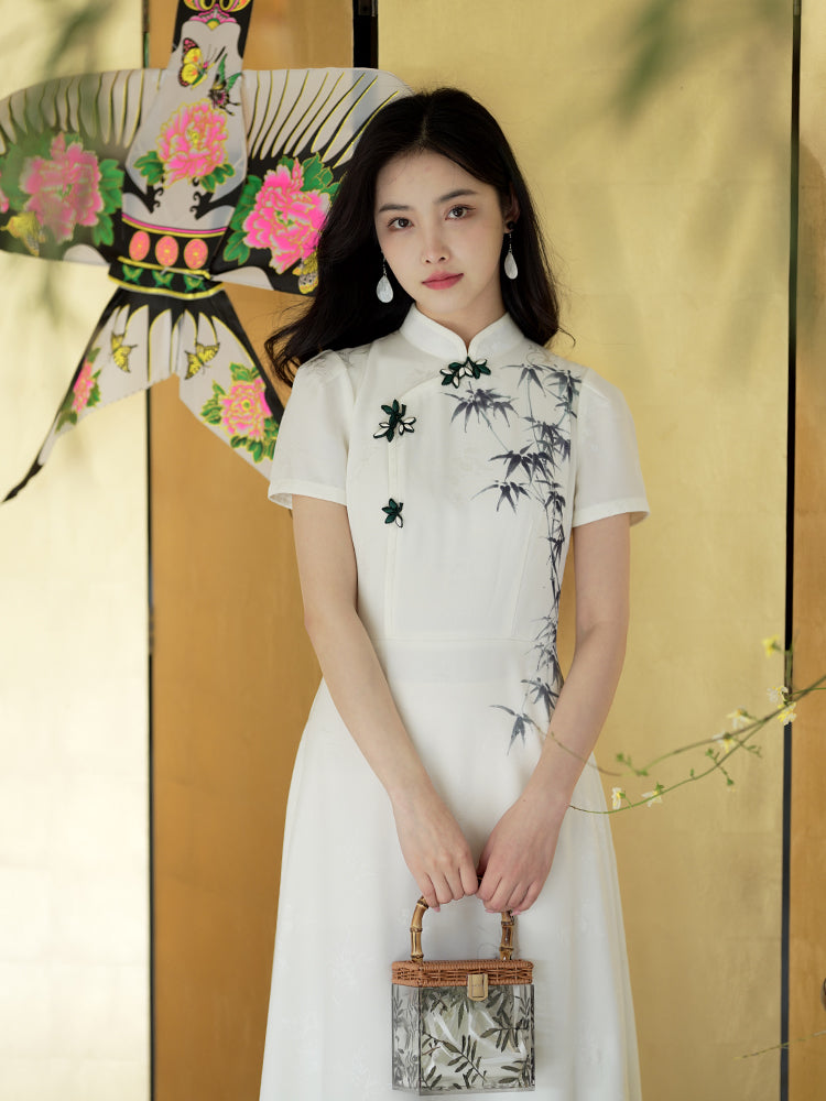 Ivory White Hand-Painted Bamboo | Neo-Chinese Dress(君竹) - Image 8