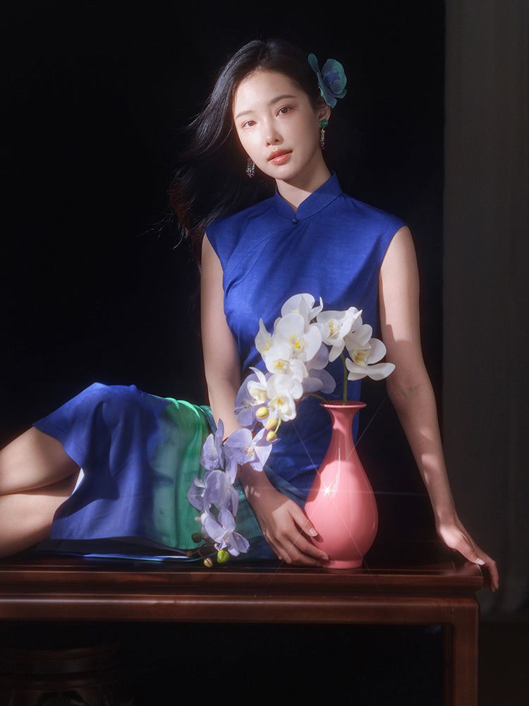 Inked Aurora Blue Green Color Gradient|Modern one-Pieces Qipao Dress(玦光) - Image 8