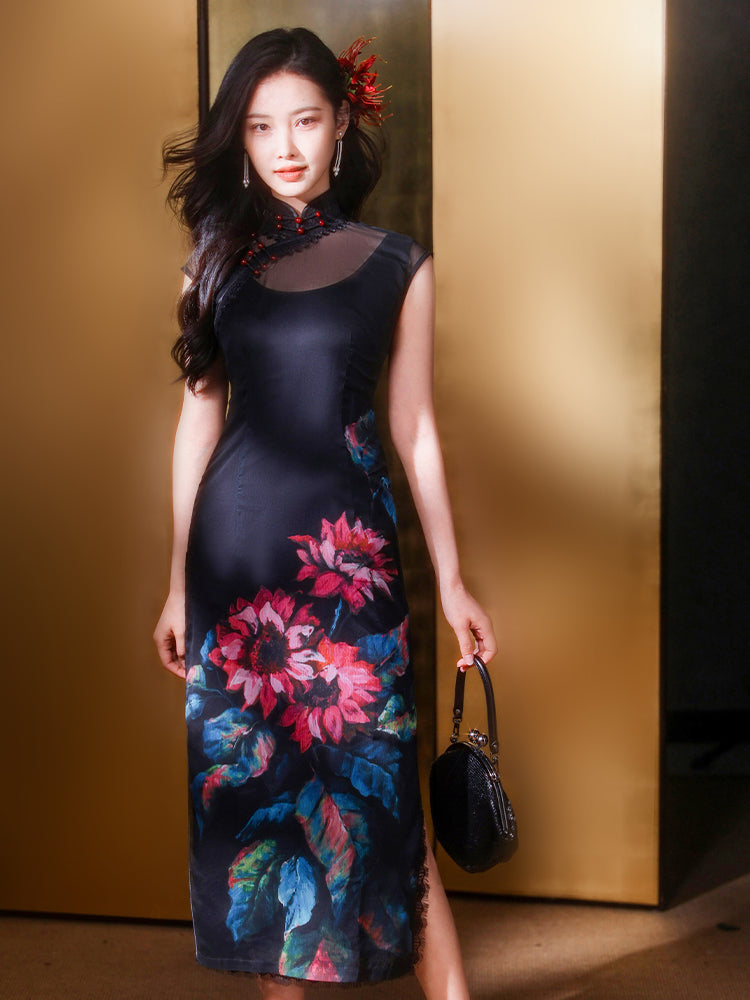 Black Ground with Floral Motifs | Modern one-Pieces Qipao Dress(晚俪) - Image 9
