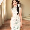Botanical-Dyed Ivory Silk Satin | Modern one-Pieces Qipao Dress (青韵) - Thumbnail Image 9