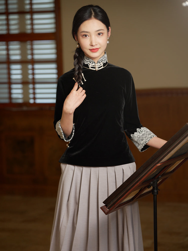 Vintage-Inspired Republic Era Schoolgirl Dress  | Velvet Cheongsam Top(徽茵) - Image 9